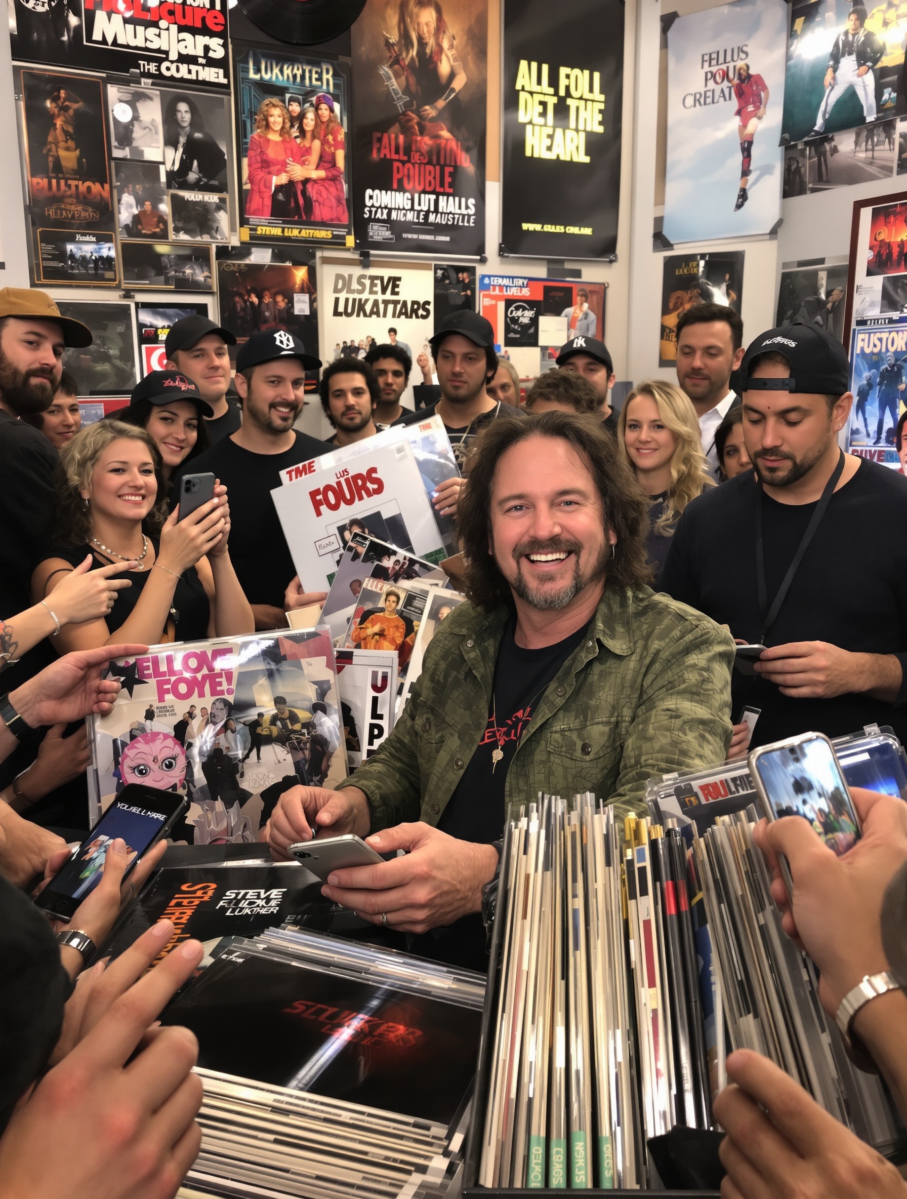 Steve Lukather entouré de fans lors d'une séance de dédicaces, répondant à des messages sur smartphone.