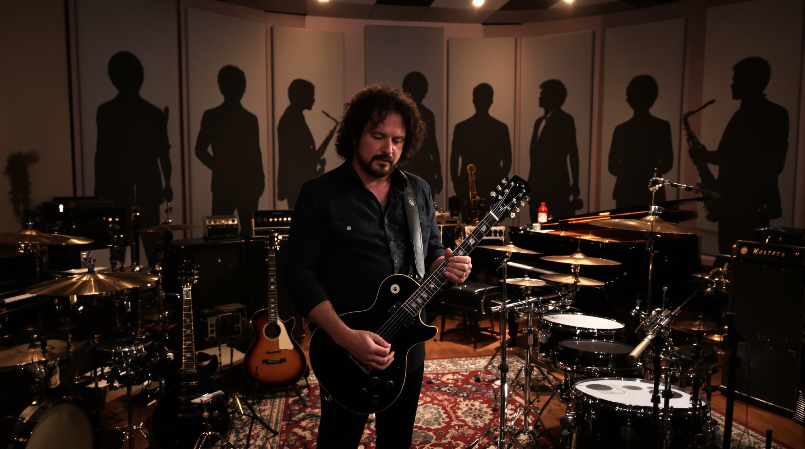 Steve Lukather entouré de silhouettes reconnaissables de légendes de la musique rock, jazz et pop.