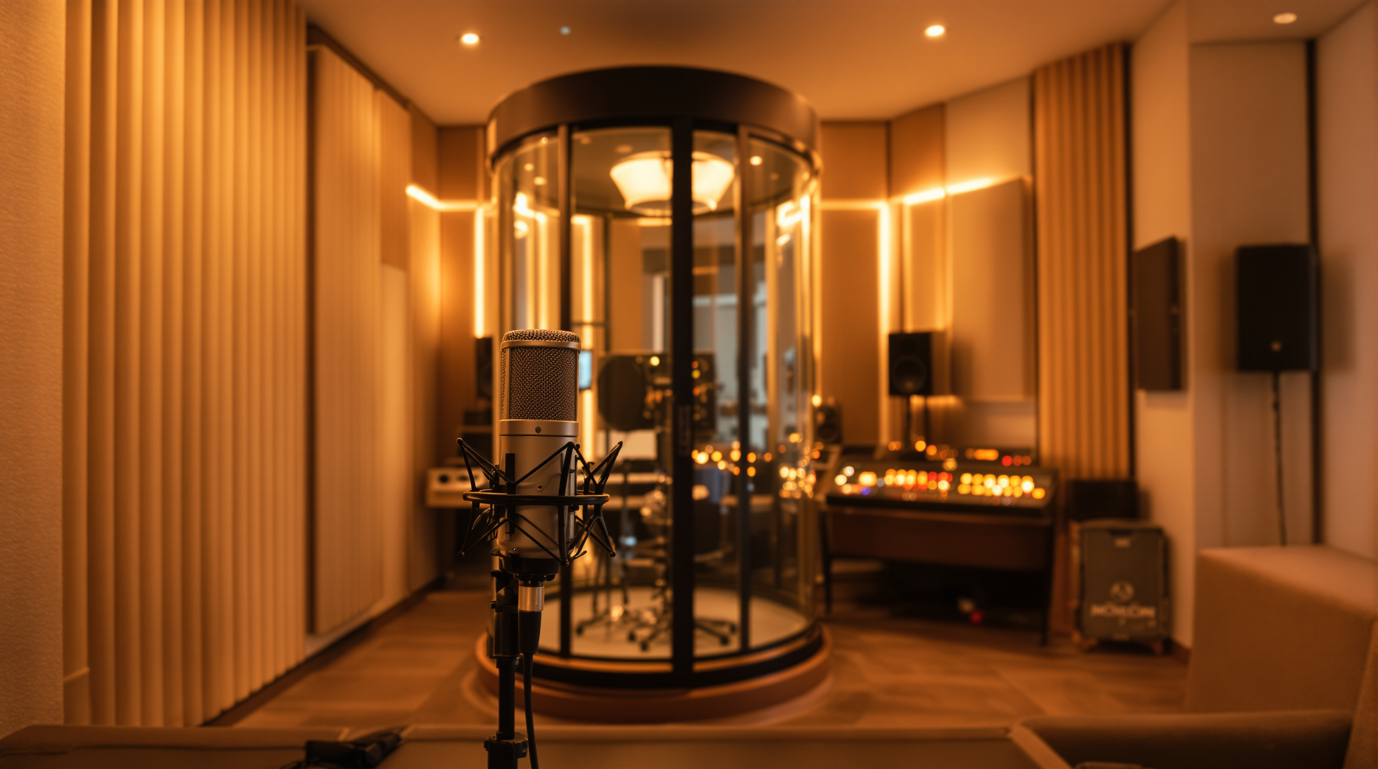 Microphone haut de gamme dans une cabine vocale chaleureuse, lumière tamisée, ambiance propice à la créativité