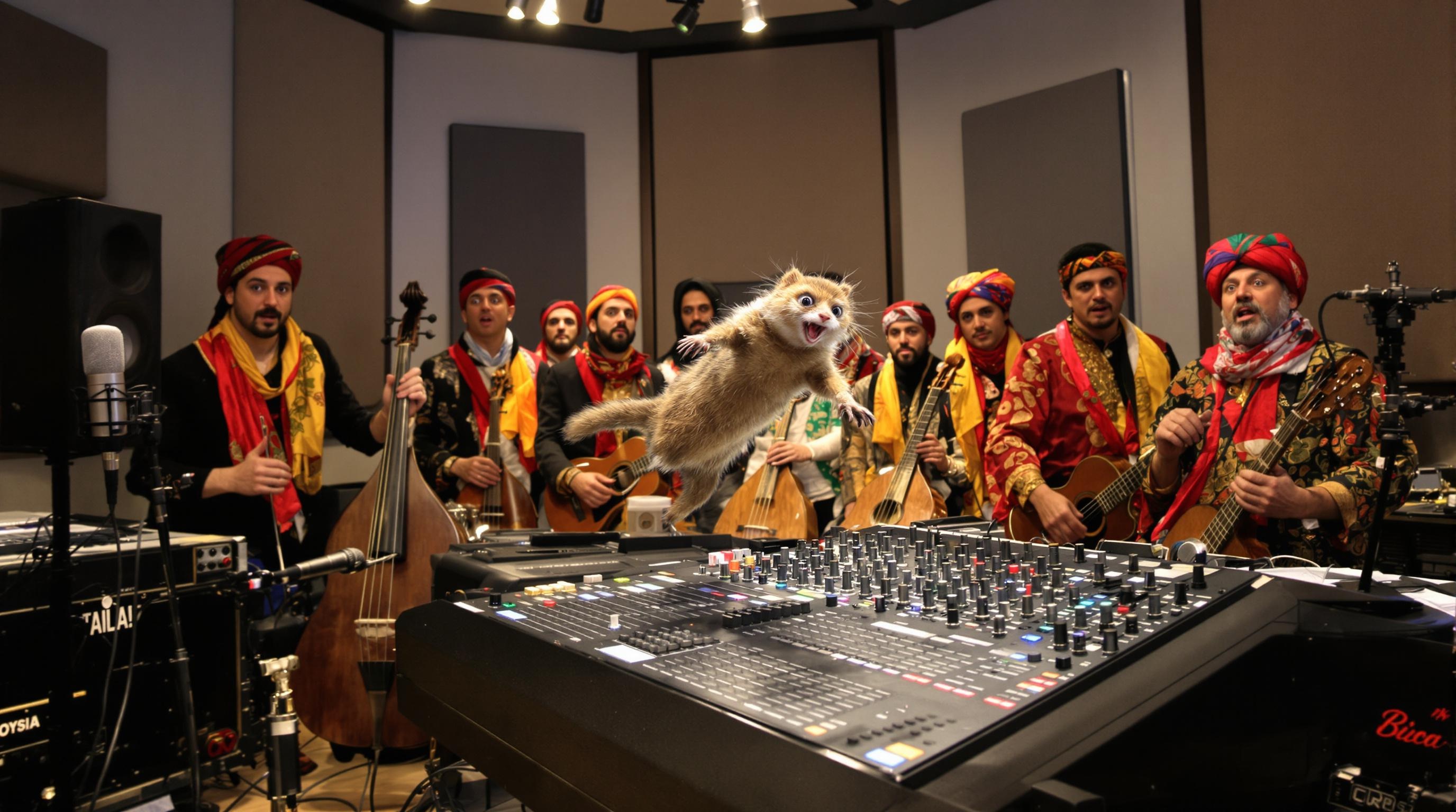 Une mangouste dans un studio avec Ishtar et un musicien gitan surpris