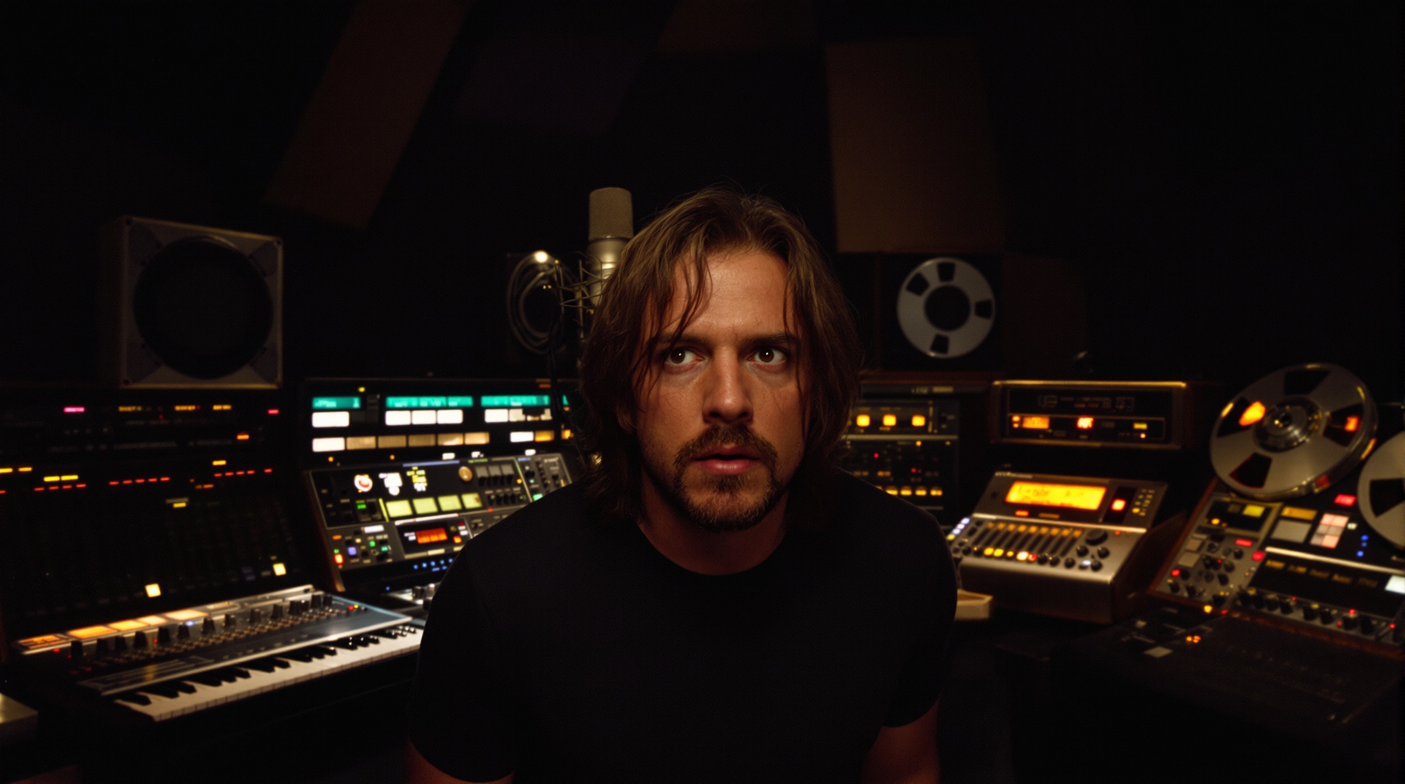 Bruce Dickinson dans le studio Metropolis dans les années 90, cabine et lumières analogiques