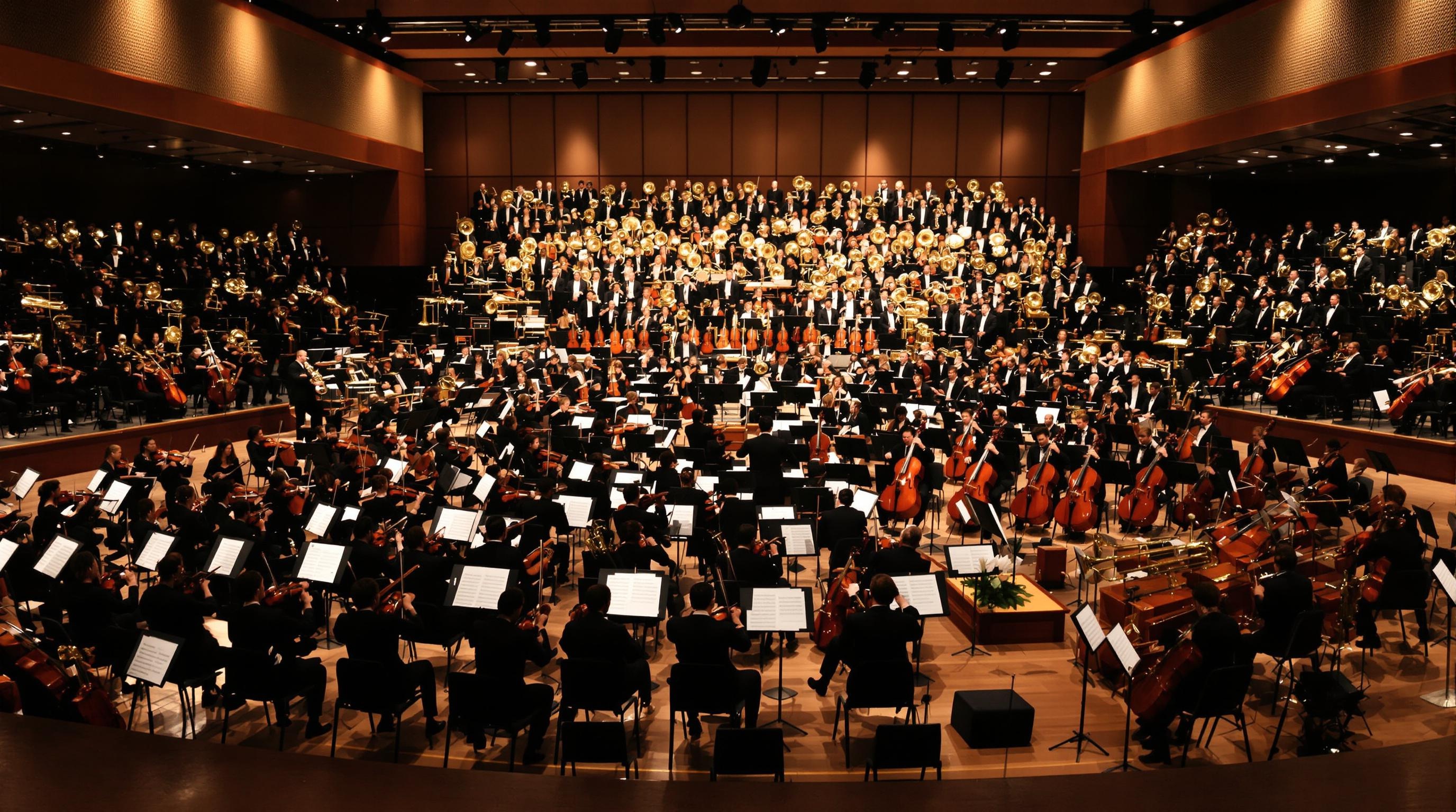 Photo grand-angle d’un orchestre vu de la scène : pupitres de cordes en avant-plan et cuivres superposés à l’arrière. Superposition des familles instrumentales – disposition typique dans un orchestre symphonique ou philharmonique.