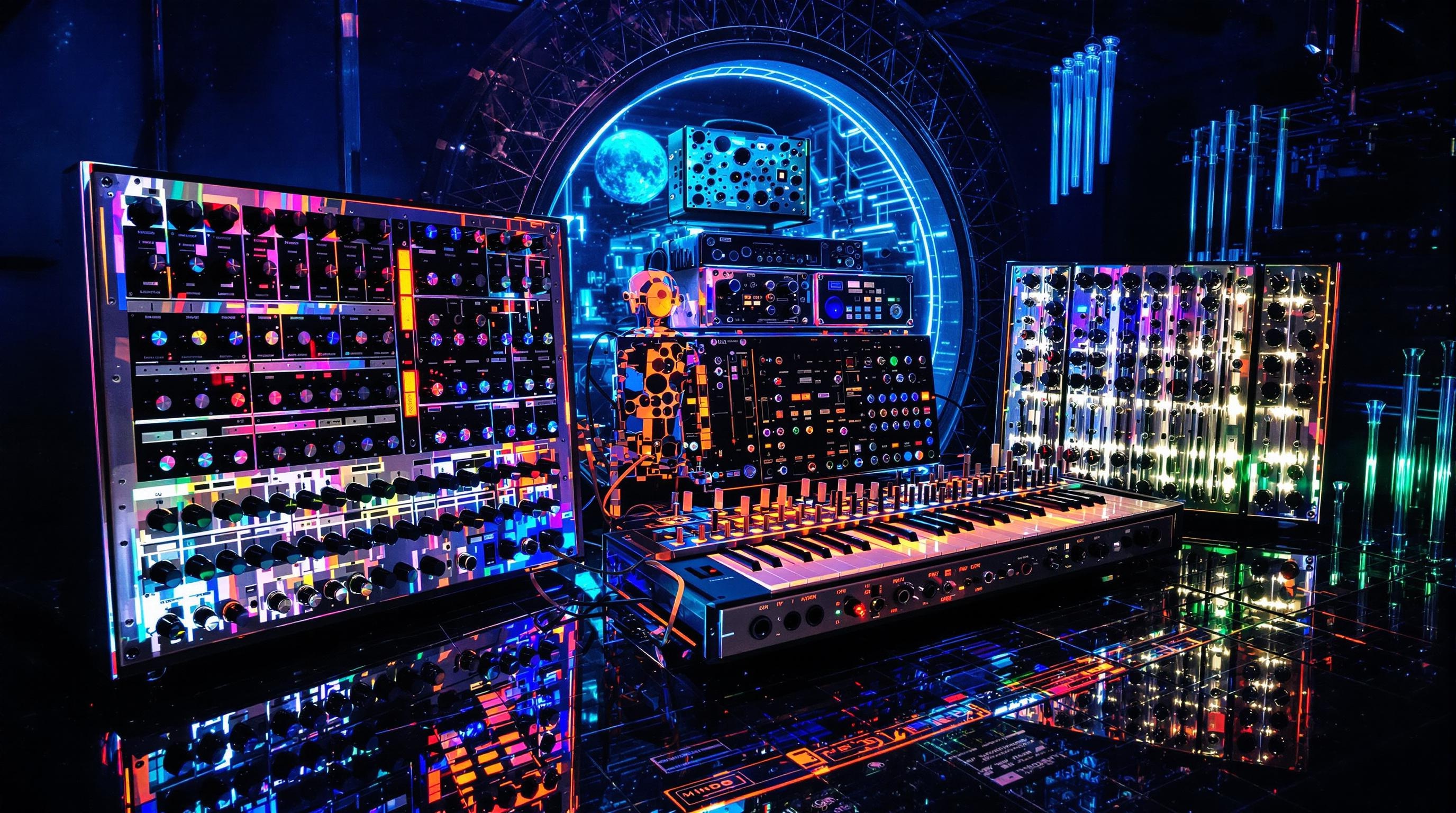Synthétiseurs analogiques vintage, thérémine argenté et Cristal Baschet lunaire.