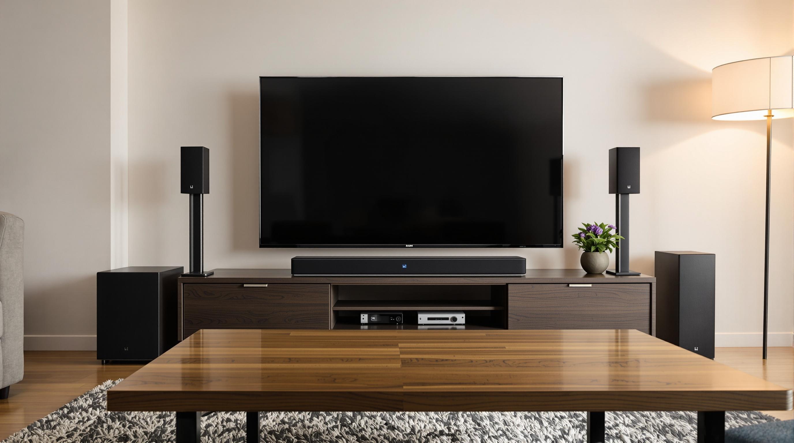 Ambiance d'écoute attentive avec barre de son design et subwoofer sur bois massif