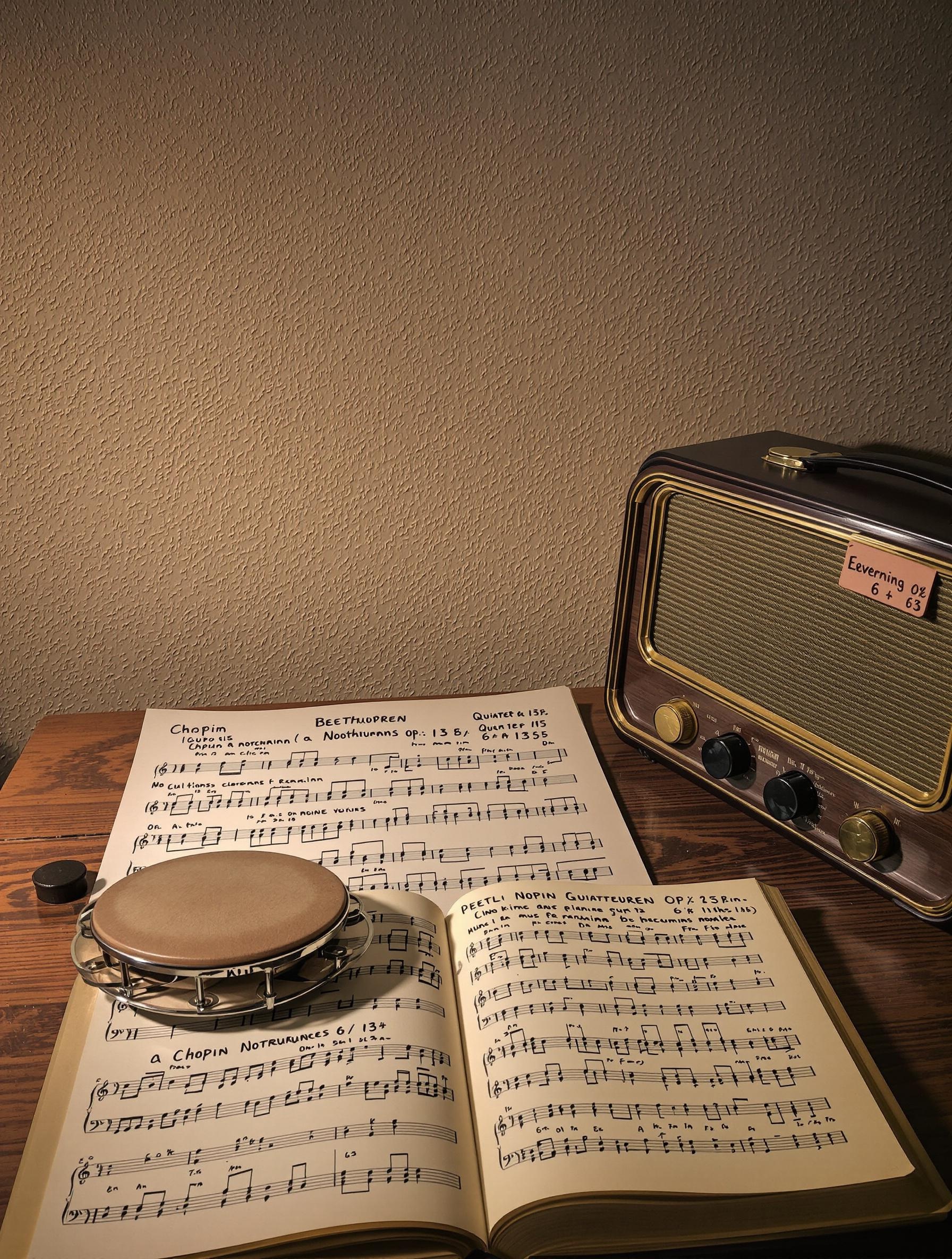 Partitions annotées de Chopin et Beethoven, tambour basque et carnet radio vintage.