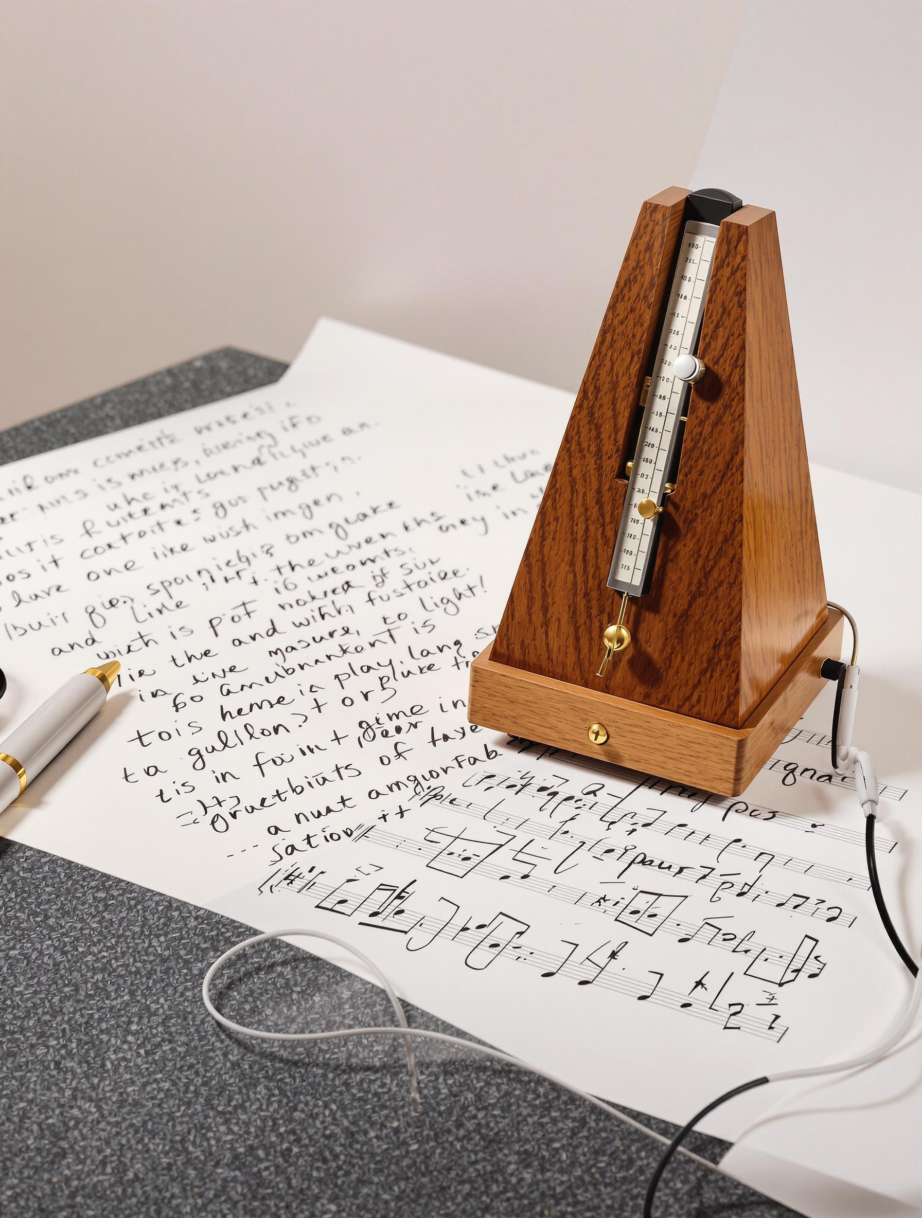 Métronome mécanique ancien et partition annotée sur une table d'étude musicale.