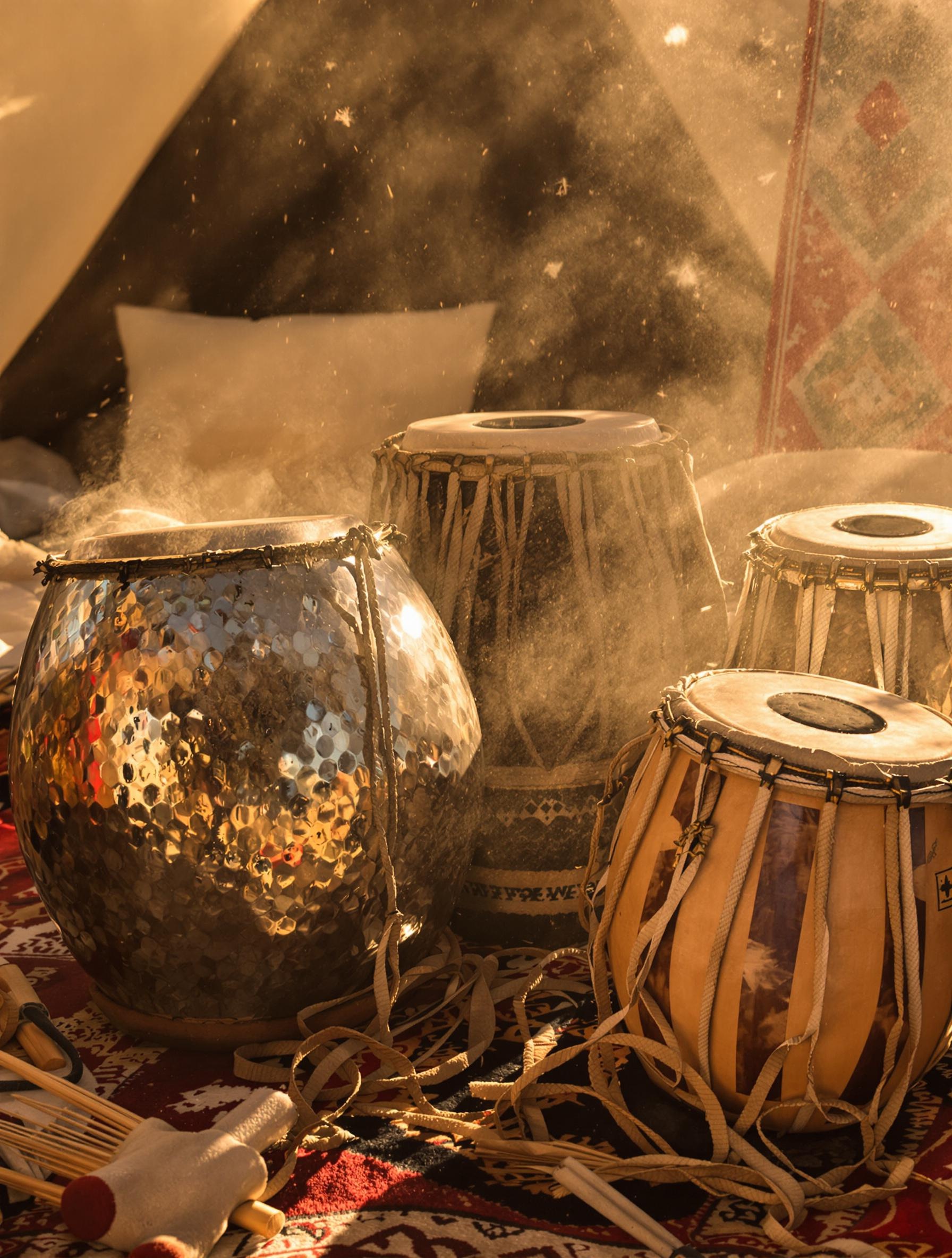Percussions nomades : darbouka, cajón et tabla dans un campement poussiéreux.
