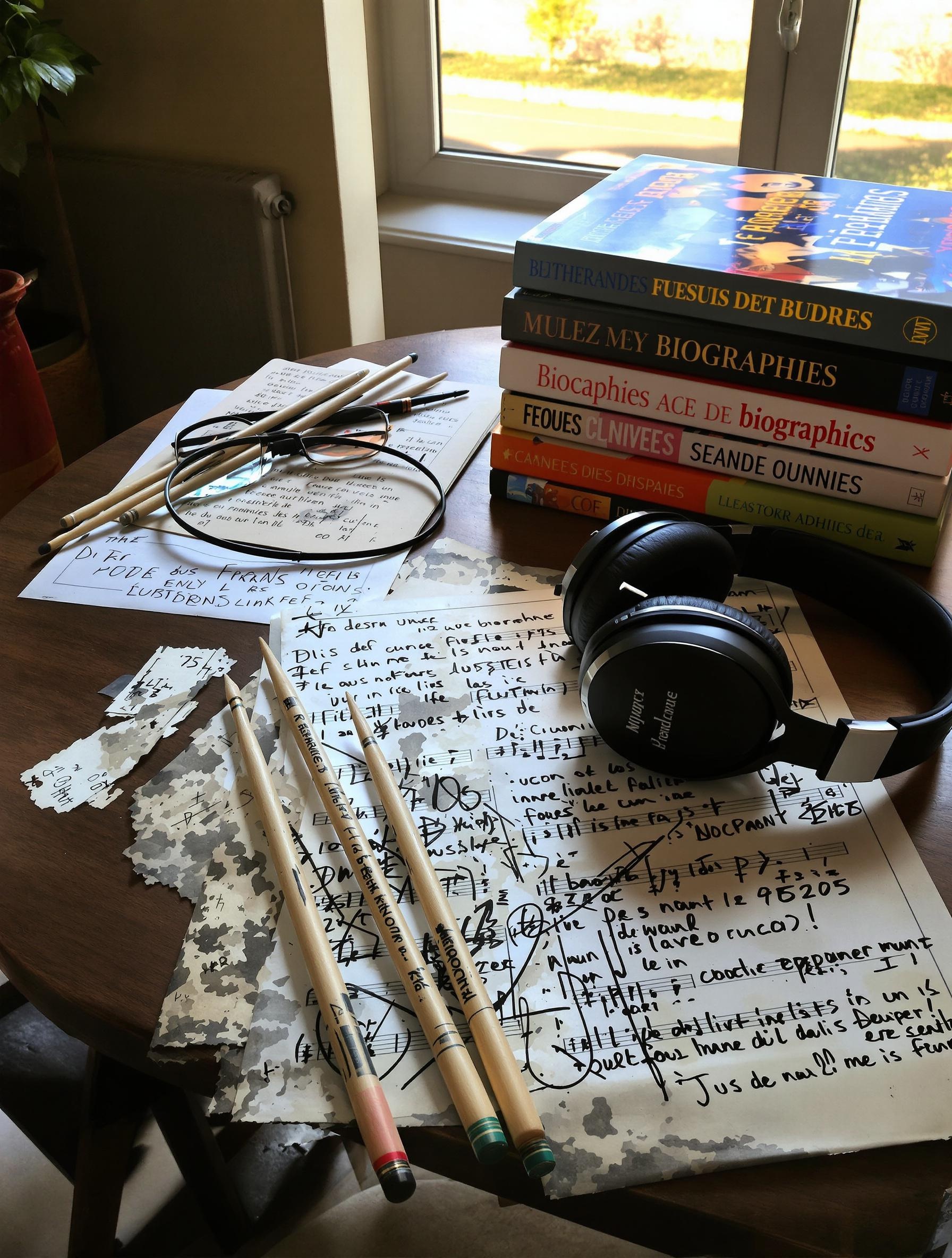 Table de travail d'un batteur avec baguettes usées, partitions annotées, écouteurs, et biographies de musiciens célèbres