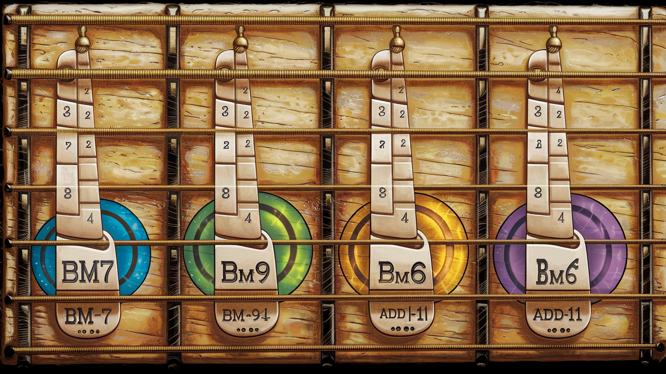 Diagrammes détaillés des accords Bm7, Bm9, Bm6, Bm add11 pour guitare