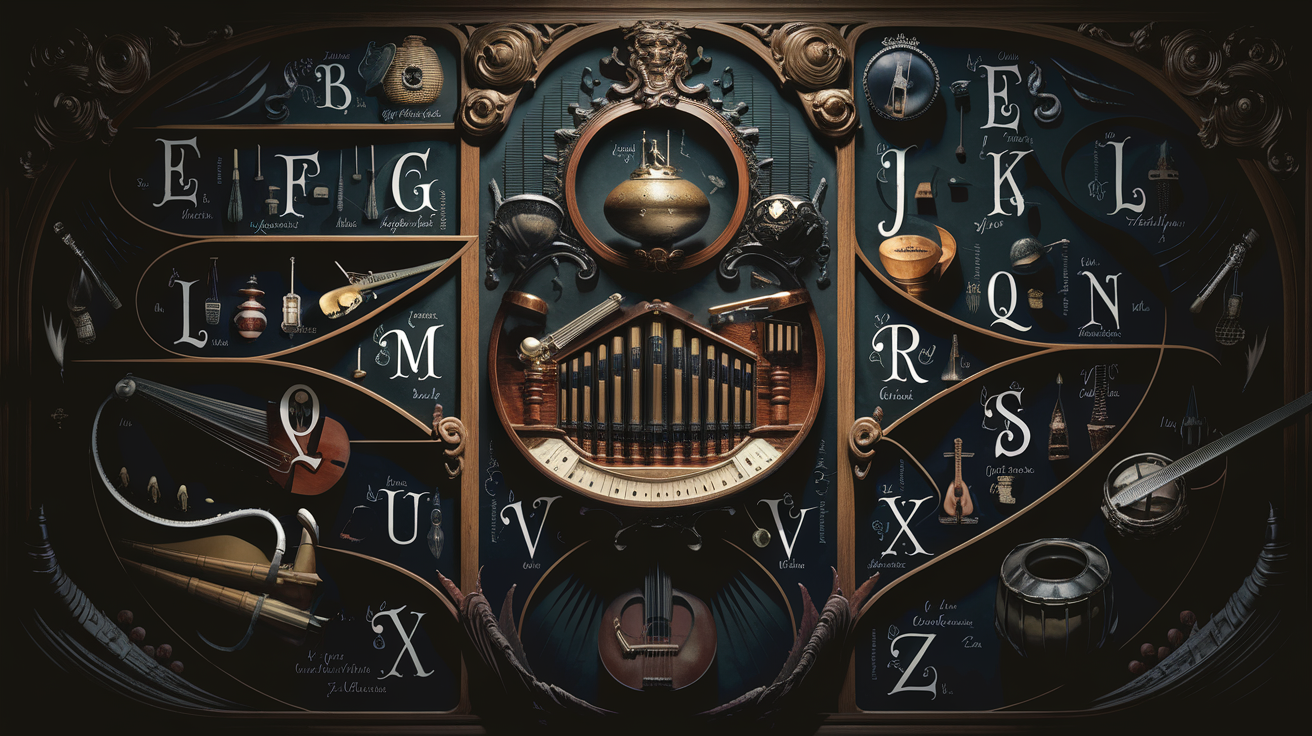 Tableau alphabétique exotique d'instruments de musique