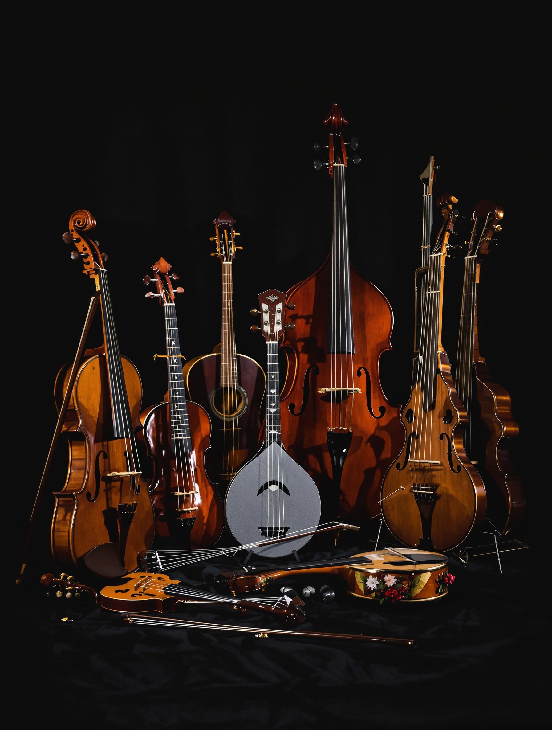 Famille d'instruments à cordes dans la pénombre, textures du bois et de la peau tendue