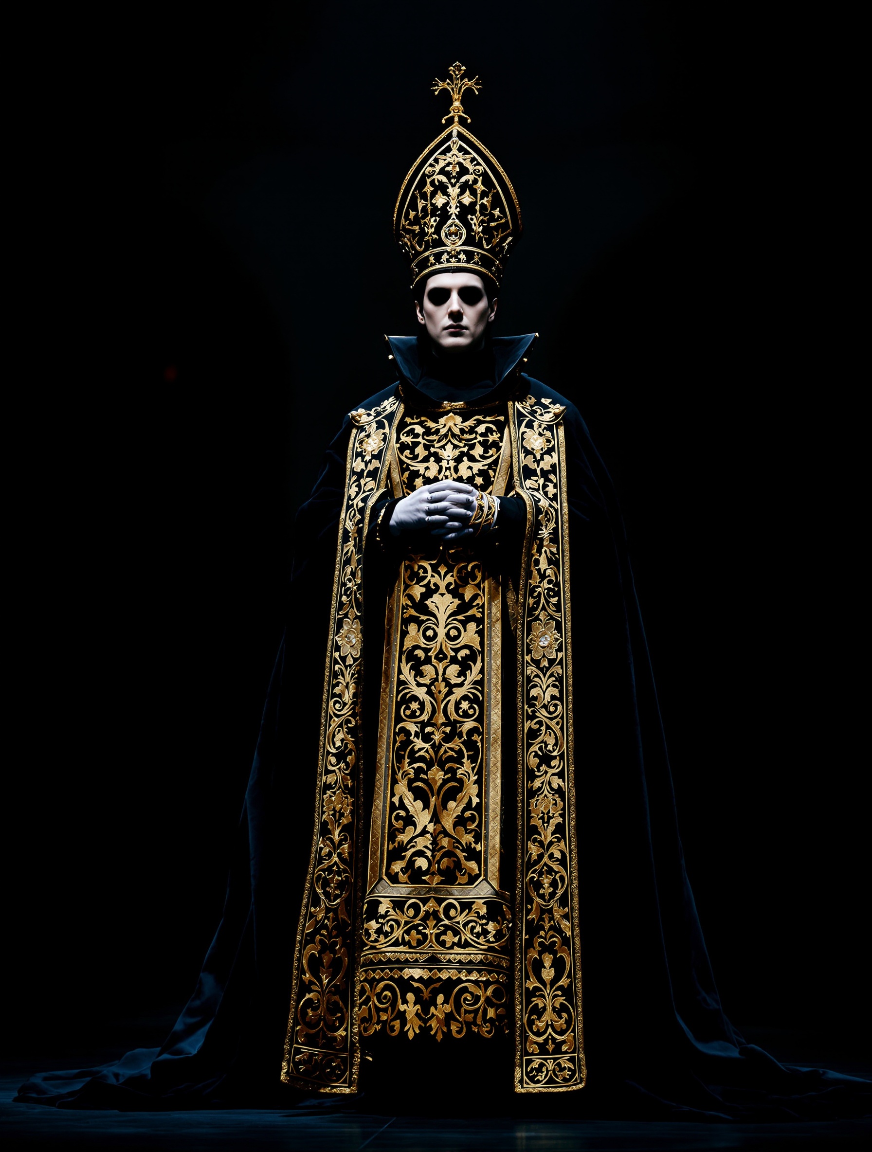 Tobias Forge en Papa Emeritus IV sur scène : mitre dorée, décor gothique théâtral