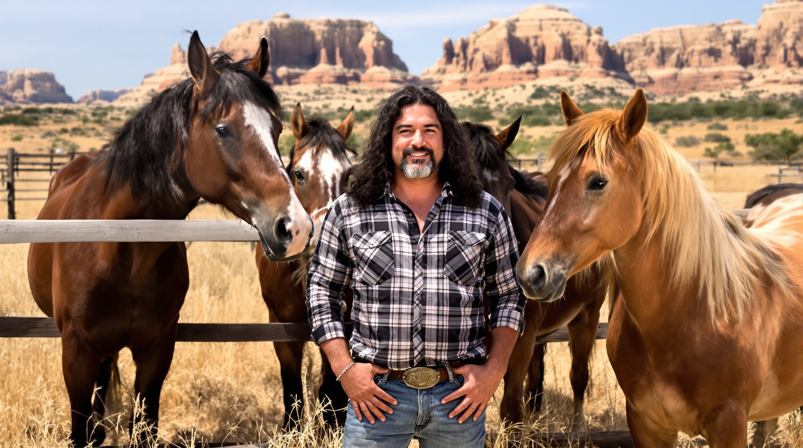 Tom Araya dans un décor rural texan, entre la basse et la barrière du ranch