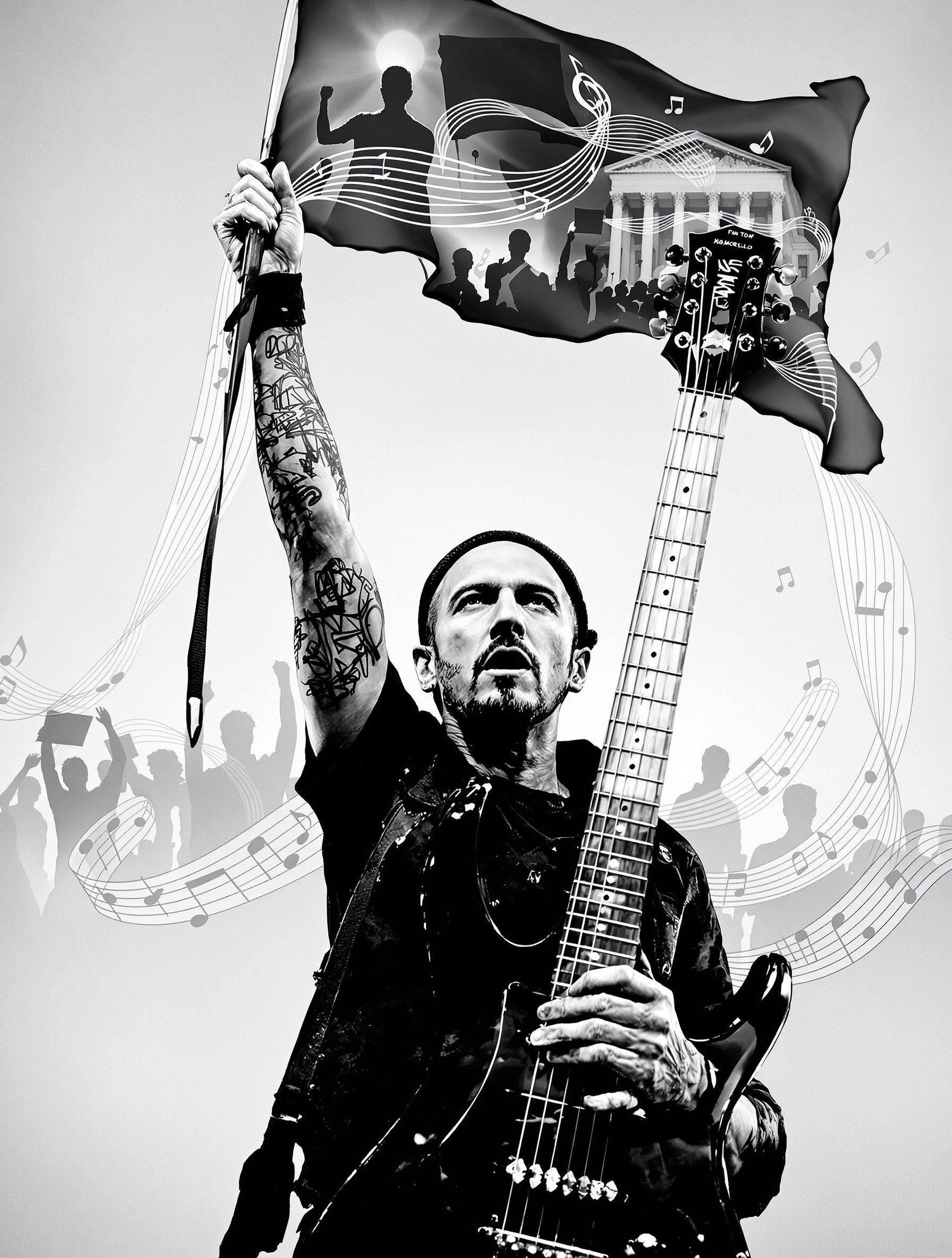 Portrait de Tom Morello tenant sa guitare, sur fond de foules en manifestation et de notes de musique.
