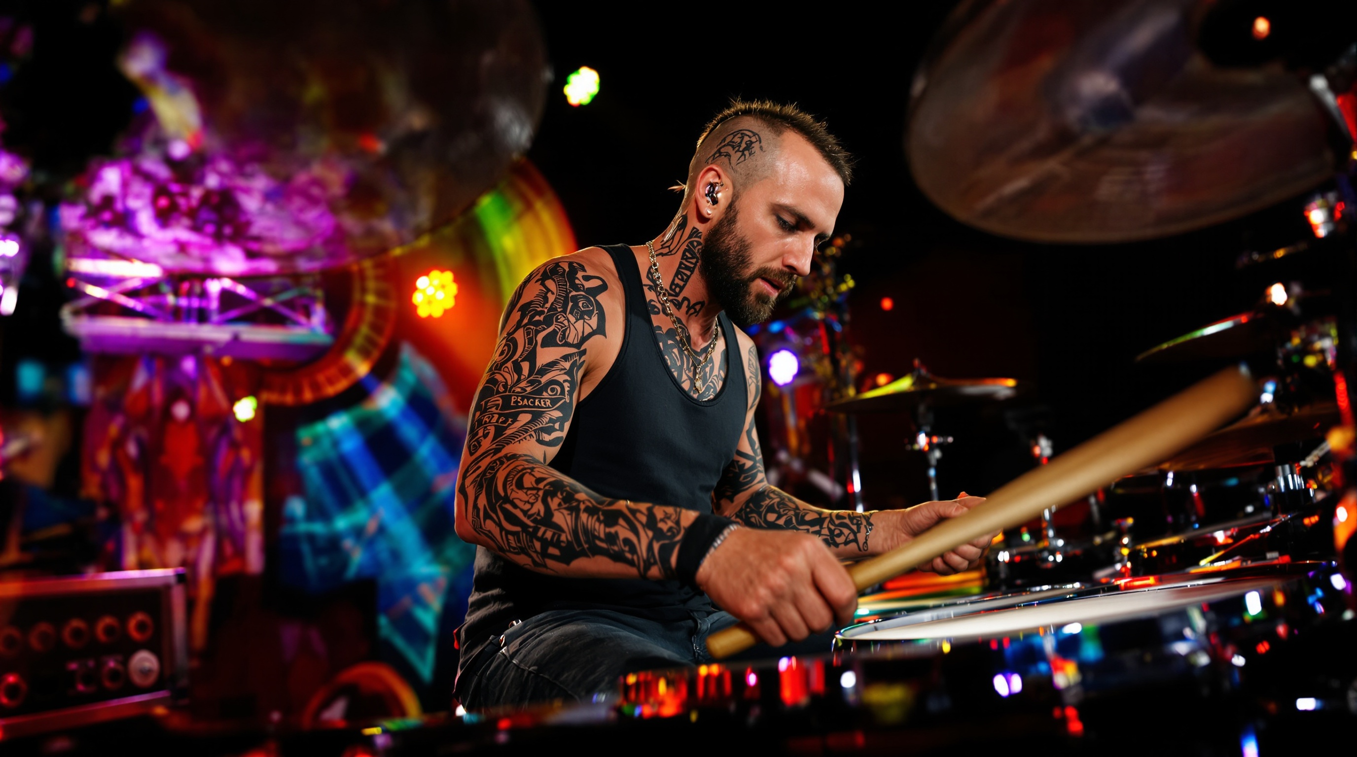Travis Barker en pleine performance live studio, tatouages visibles et énergie brute.