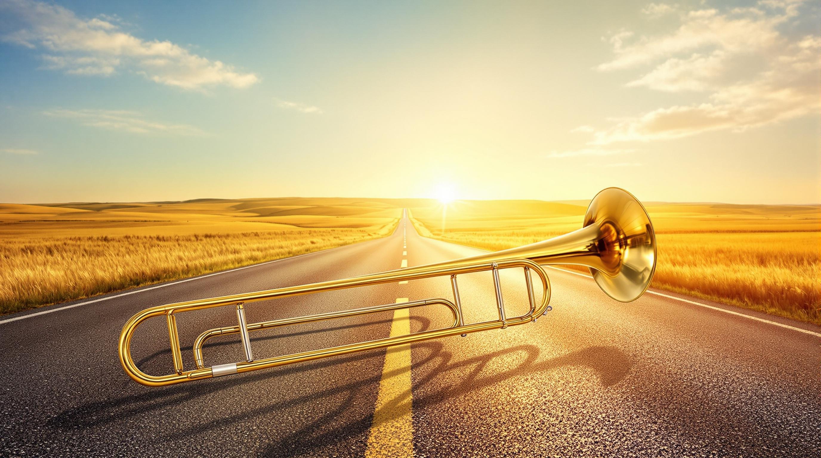 Trombone devant un paysage vaste, évoquant le voyage et la découverte