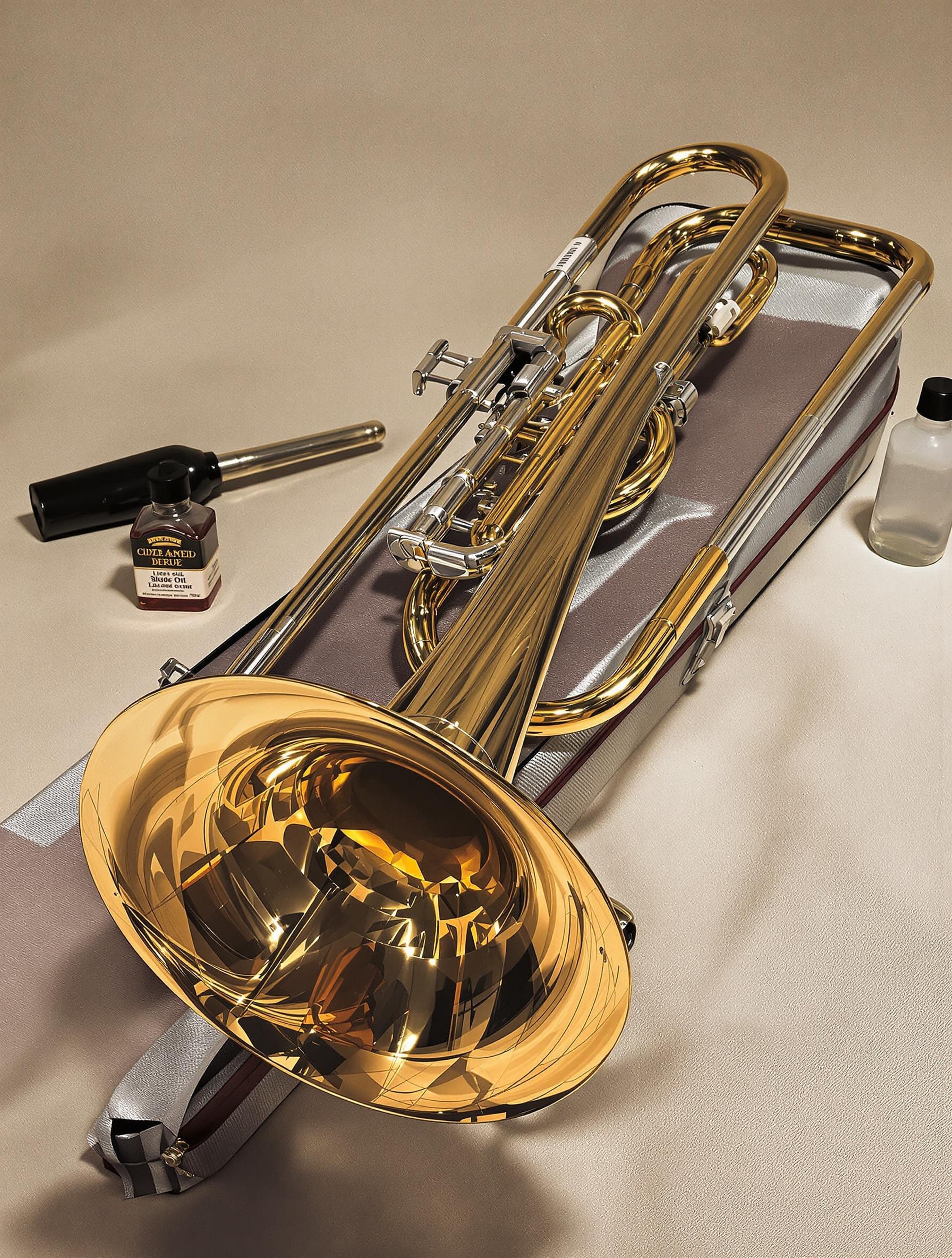 Trombone ténor moderne avec accessoires d'entretien sur fond neutre
