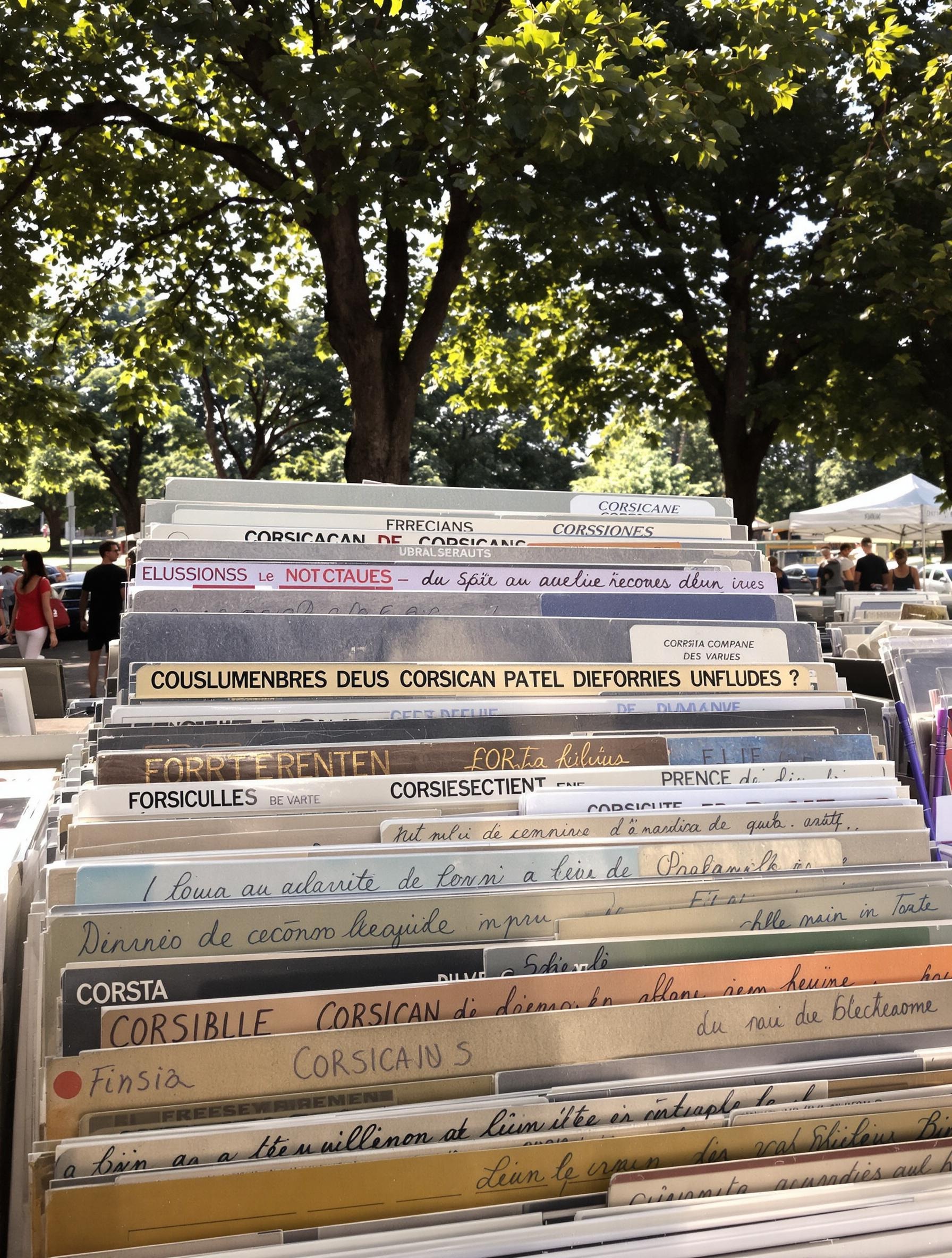 Pile de vinyles corses sur un marché à Corte, pochettes patinées et étiquettes manuscrites en langue corse.