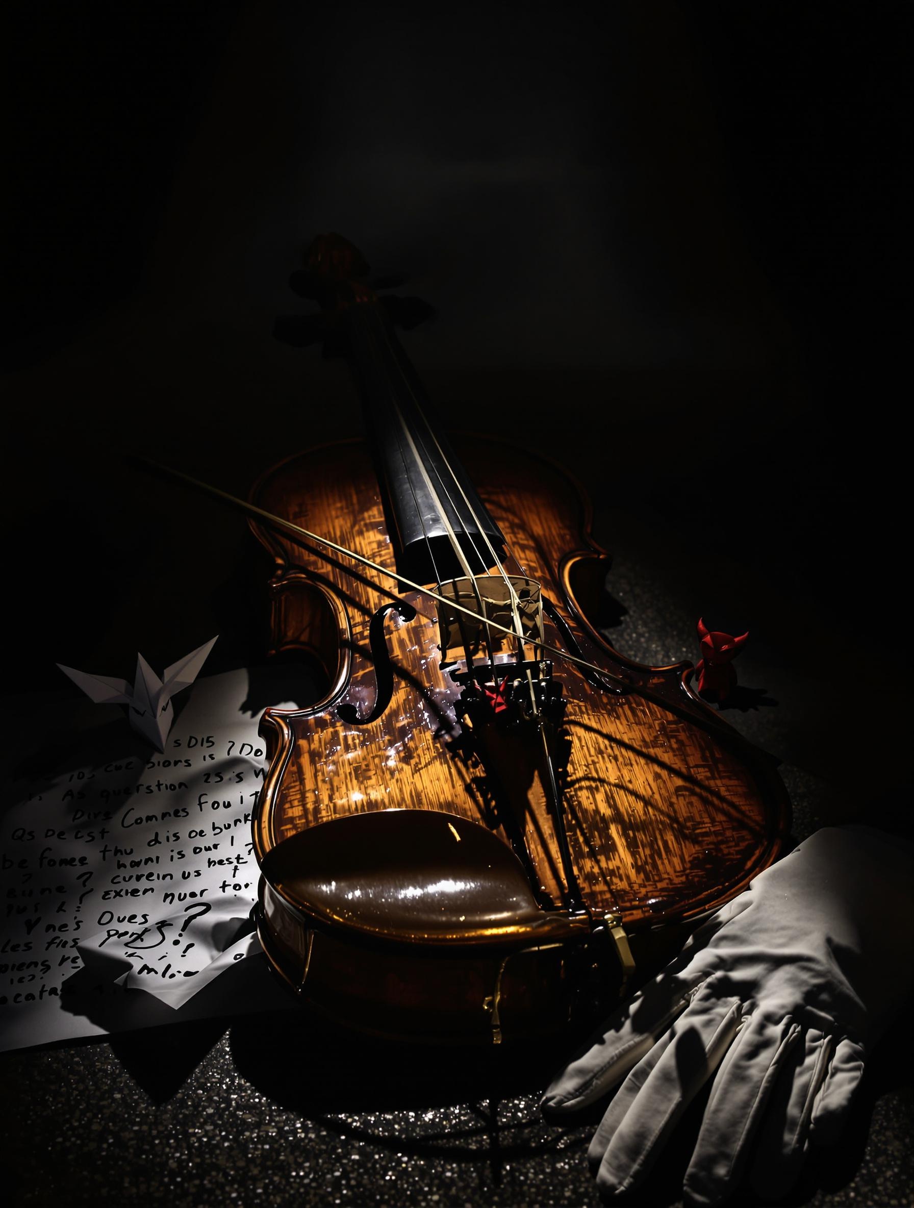 Violon ancien, feuille de questions, lumière crue, diable origami en atelier luthier.