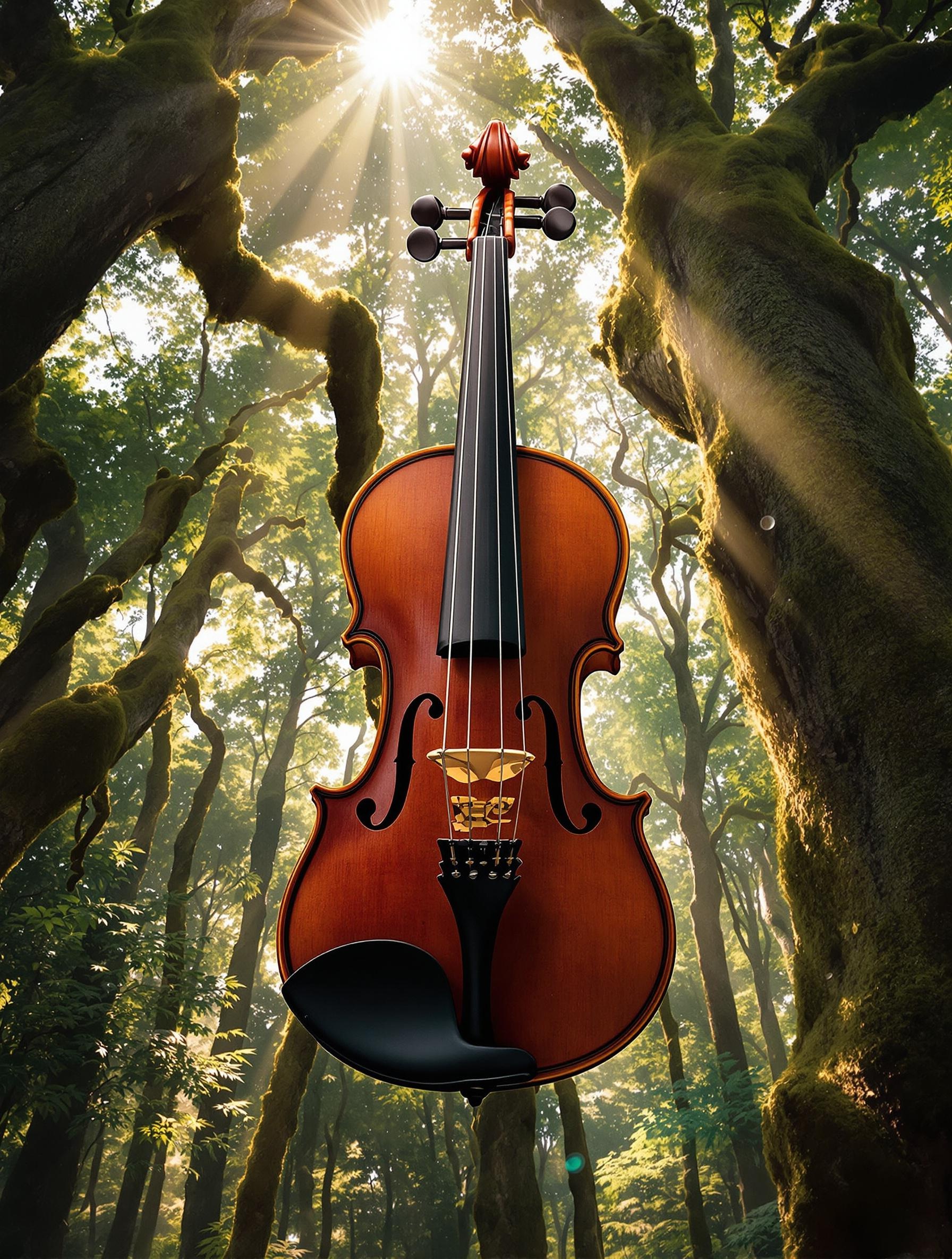 Un violon suspendu dans l’air, ses cordes vibrant doucement, dans une lumière dorée filtrant à travers un rideau de forêt ancienne ; la sève semblant circuler sous le vernis.