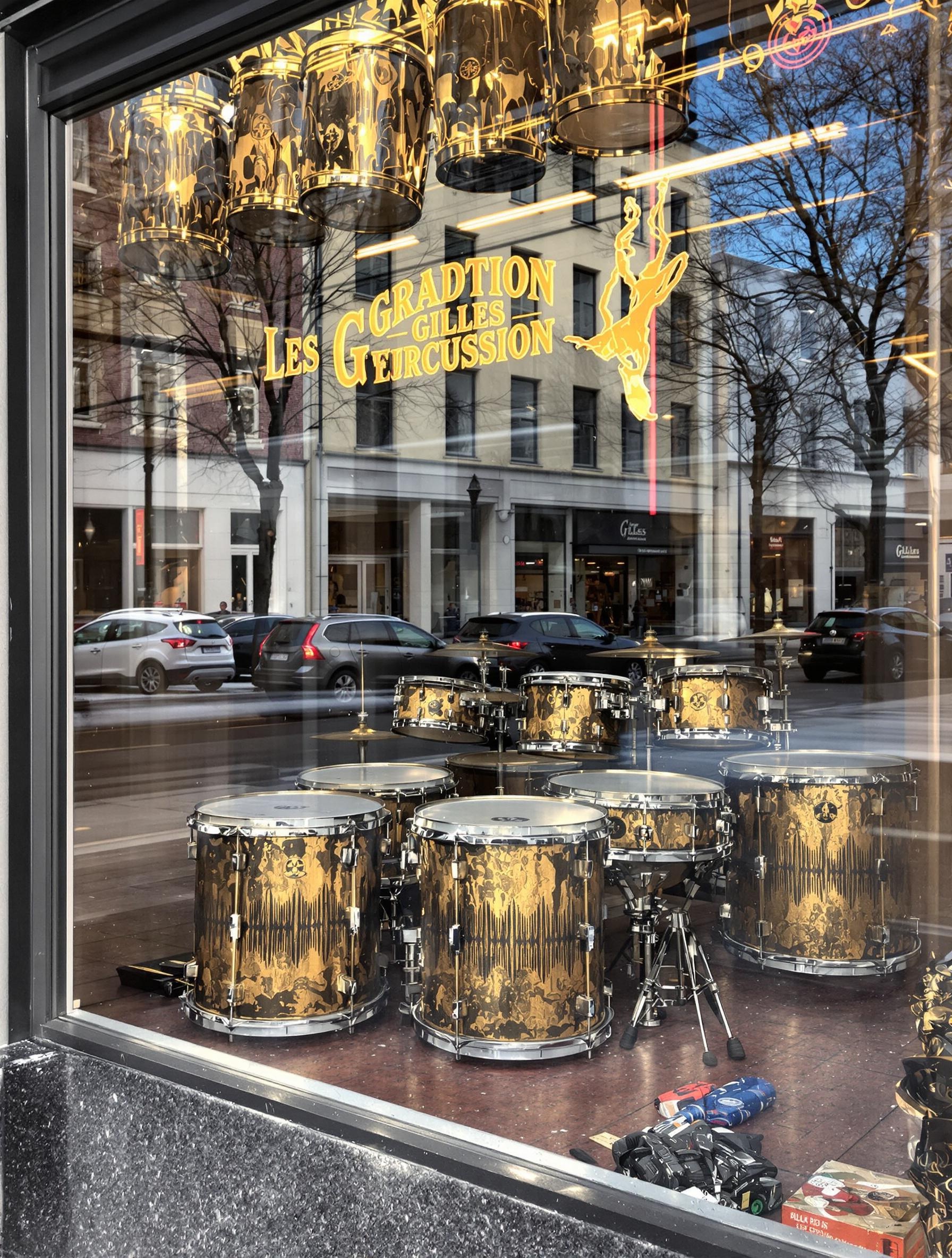 Vitrine d'une boutique de percussions à Vedrin avec tambours de Gilles en laiton patiné