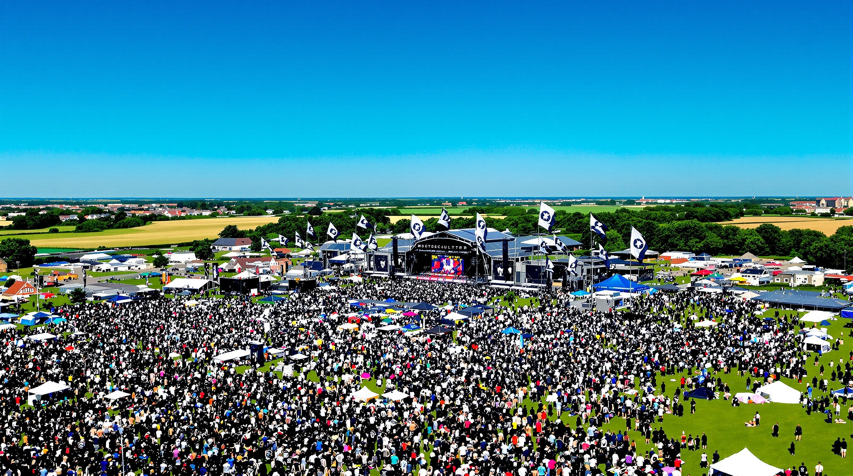 Vue aérienne du Motocultor Festival à Carhaix, foule devant les scènes et drapeaux bretons.