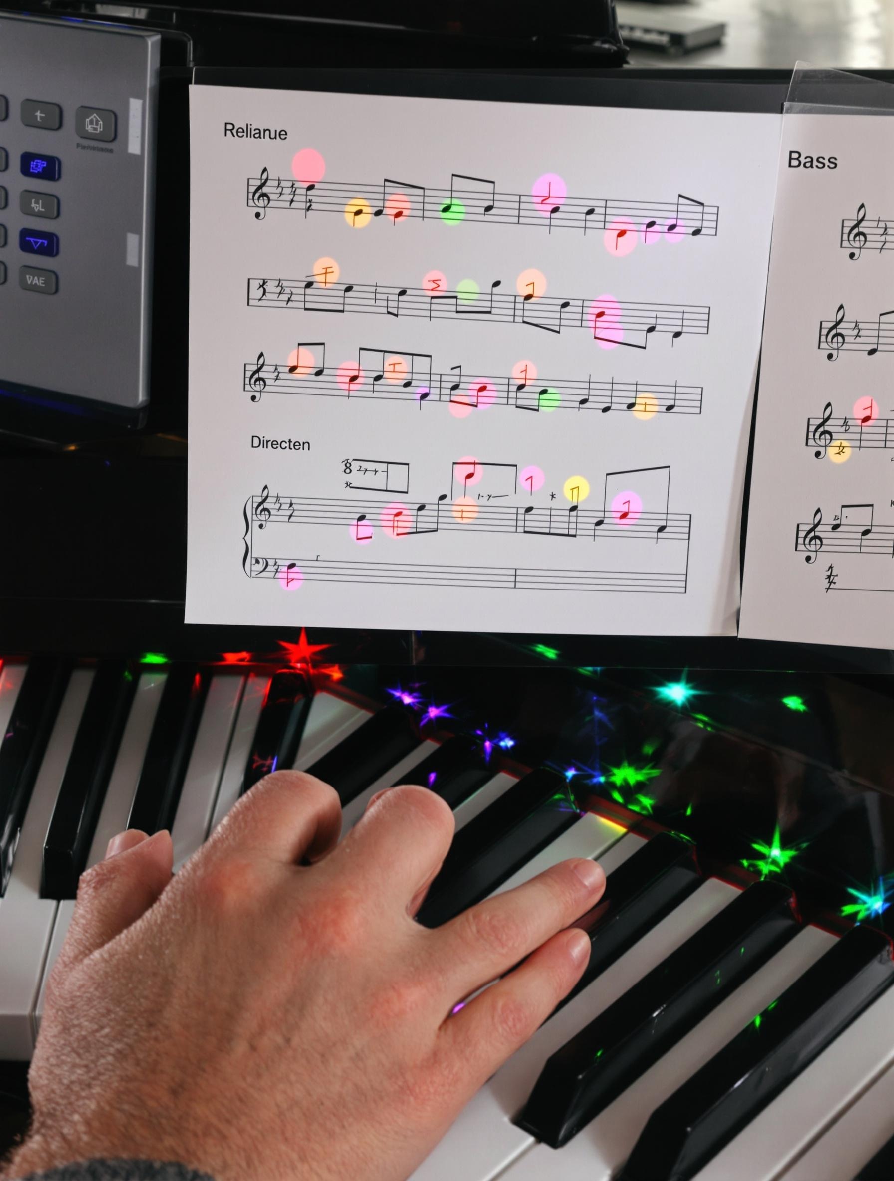 Clavier Rockjam 88 mains sur touches et extraits de portées clé de sol/fa.