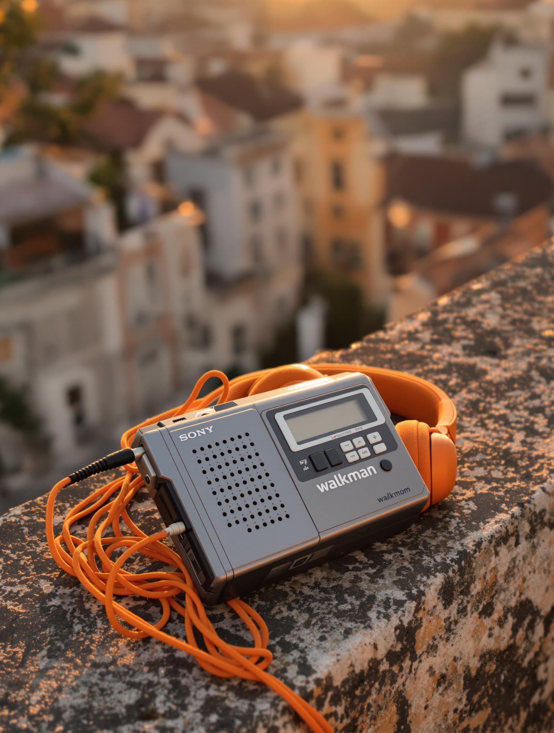 Walkman Sony années 80 sur un parapet poussiéreux, ambiance nostalgique italienne.