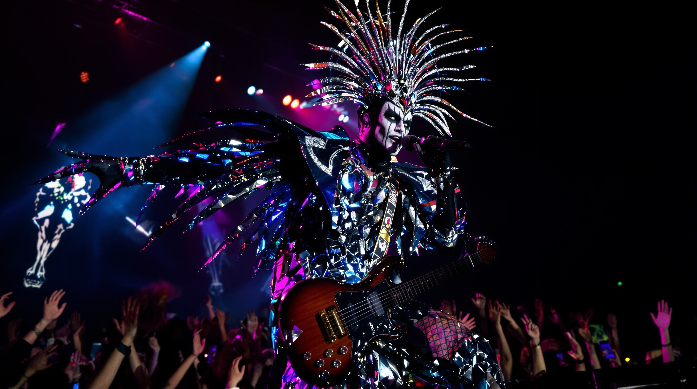 Wes Borland, célèbre pour ses maquillages et costumes élaborés, sur scène avec Limp Bizkit, symbolisant son impact visuel sur le groupe.