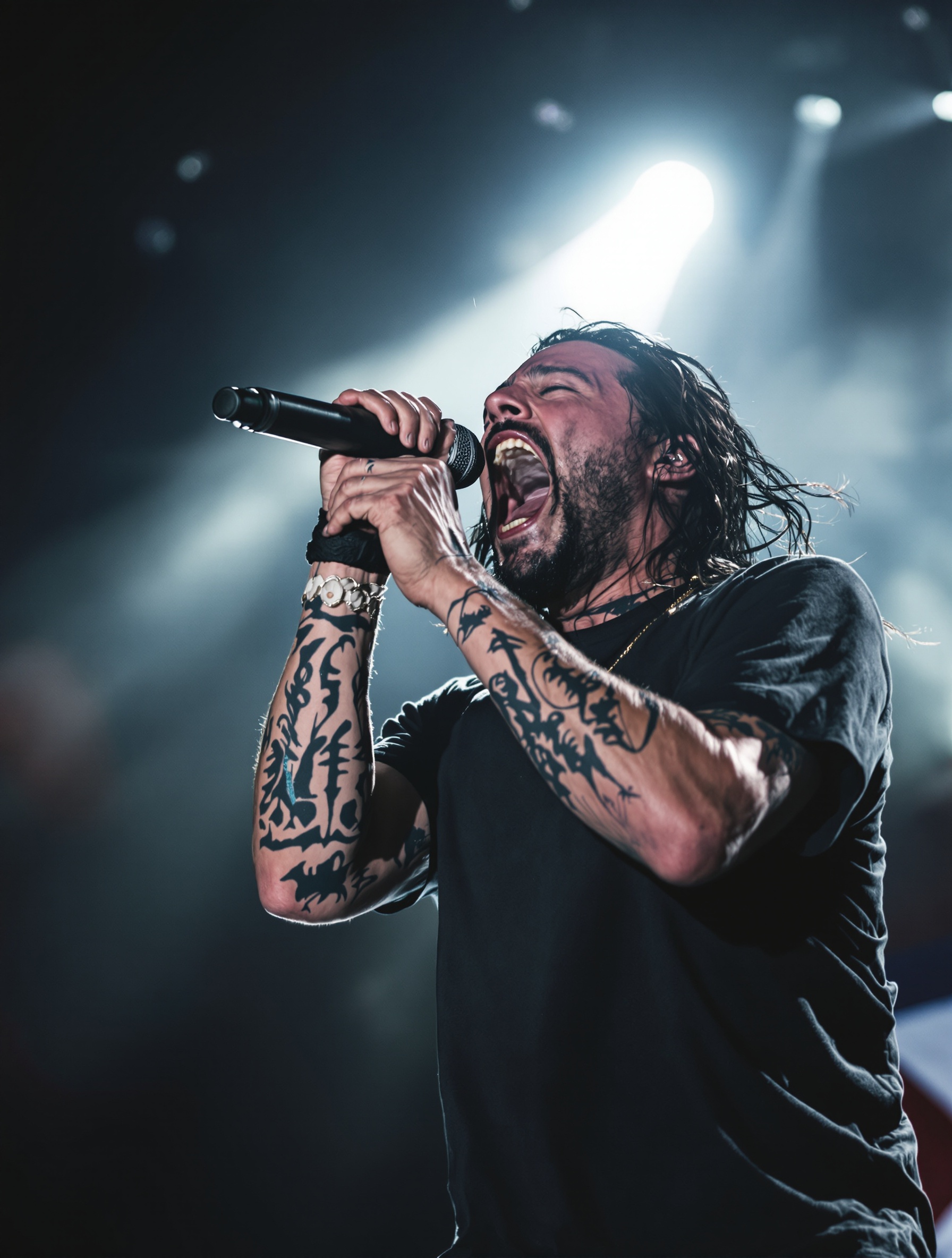 Will Ramos vocaliste deathcore sur scène, drapeau portoricain discret