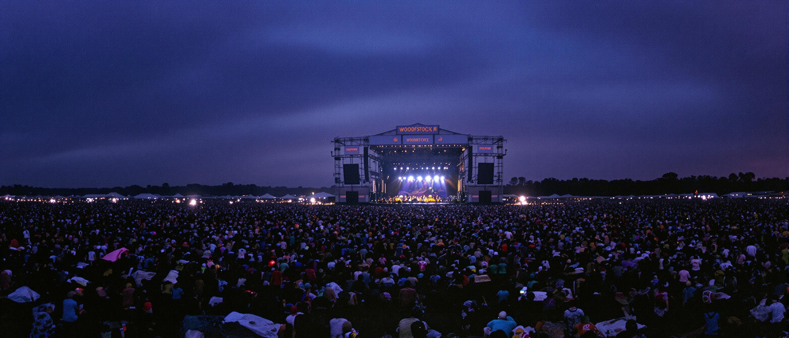 Marée humaine boueuse devant la scène principale de Woodstock 1969 au crépuscule