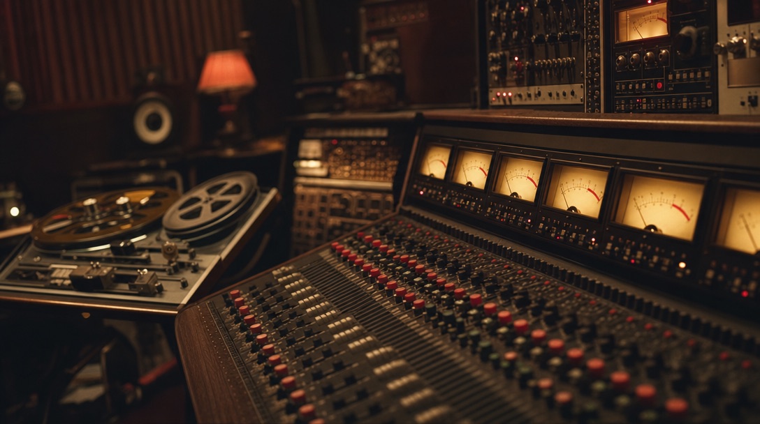 Console analogique et VU-mètres dans un studio d'enregistrement